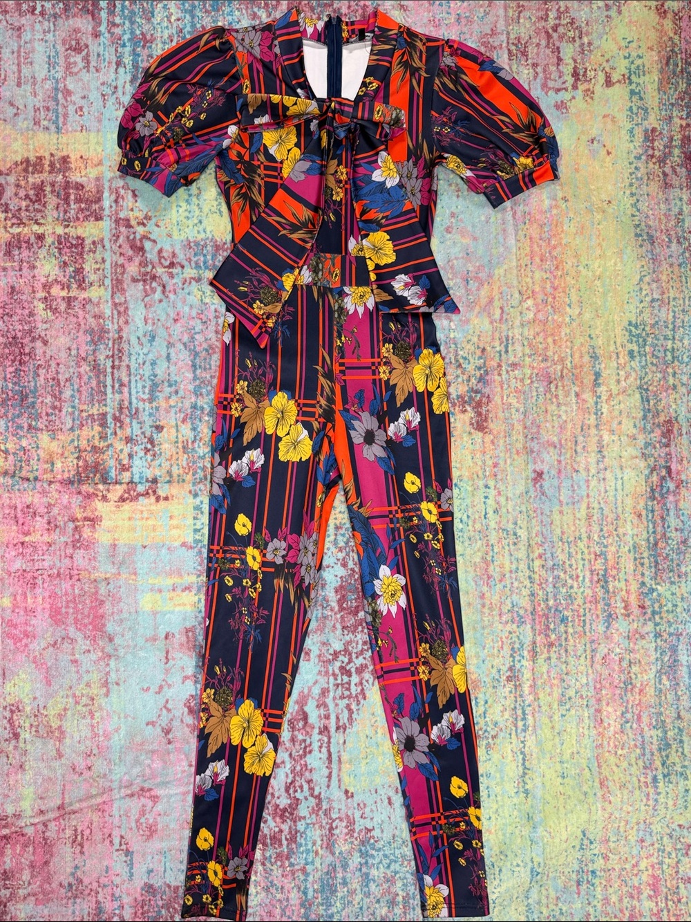 Fashion Nova Navy Floral Stripe Puff-Sleeve Jumpsuit with Yellow Accents